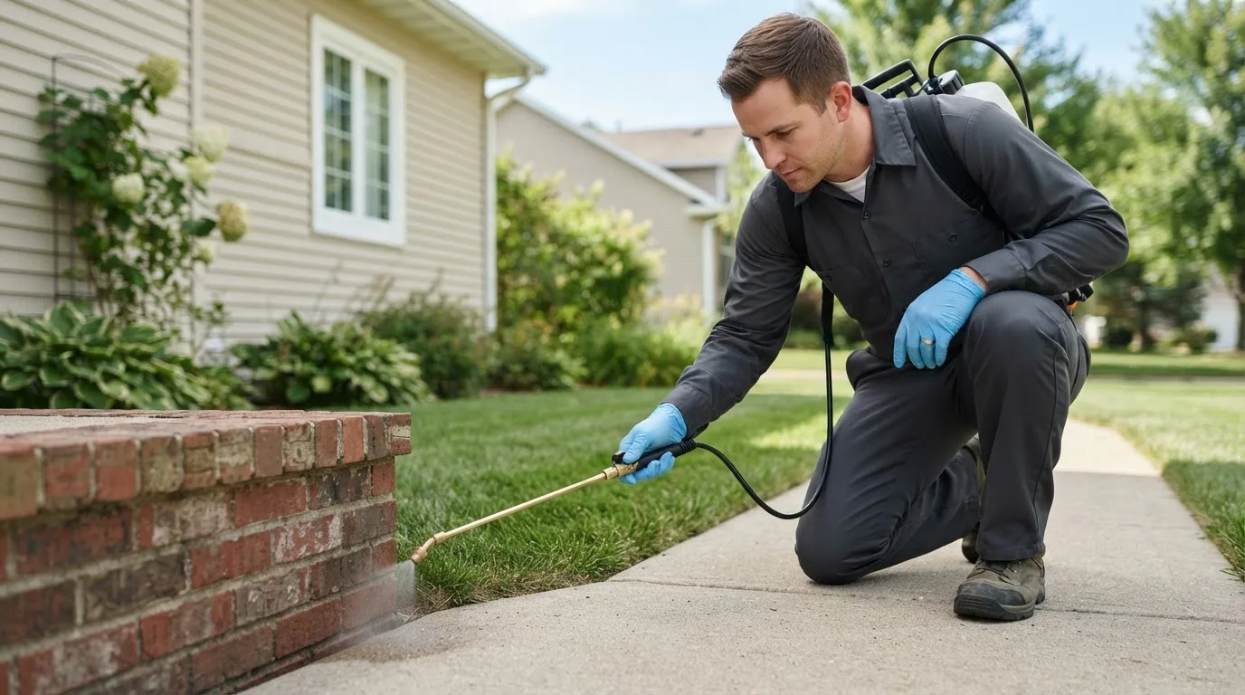 Pest control technician treating a home near Jacksonville, OR